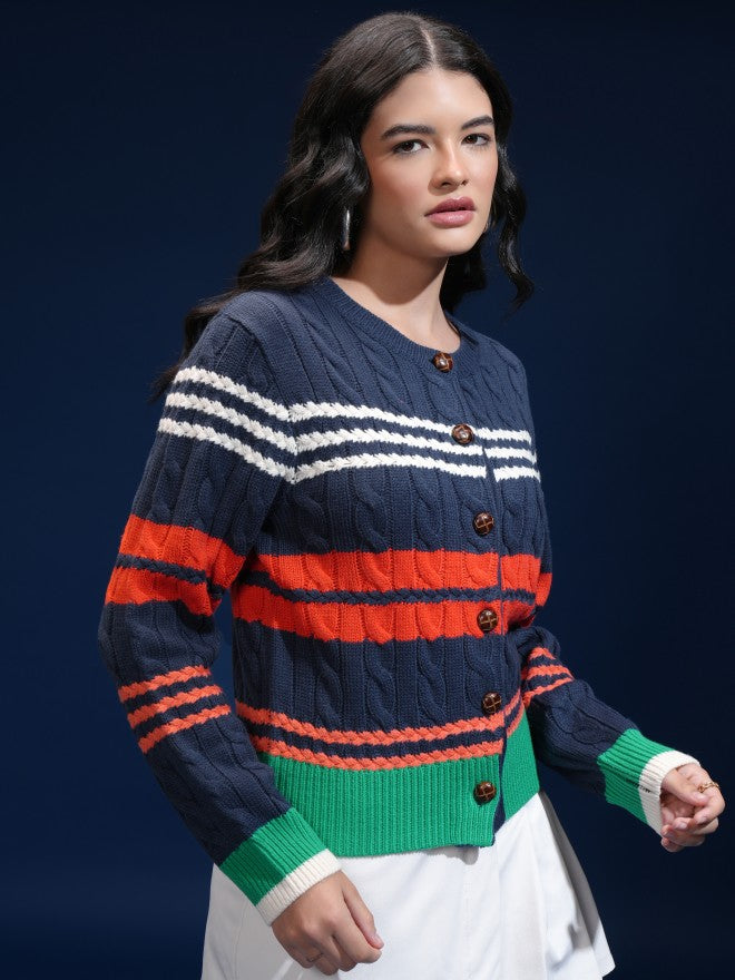 Tokyo Talkies Women Navy Blue Round Neck Sweater - Navy Blue - Image 6