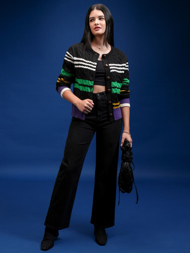 Tokyo Talkies Women Black Round Neck Sweater - Black - Image 2