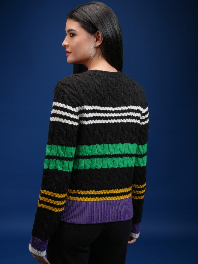 Tokyo Talkies Women Black Round Neck Sweater - Black - Image 3