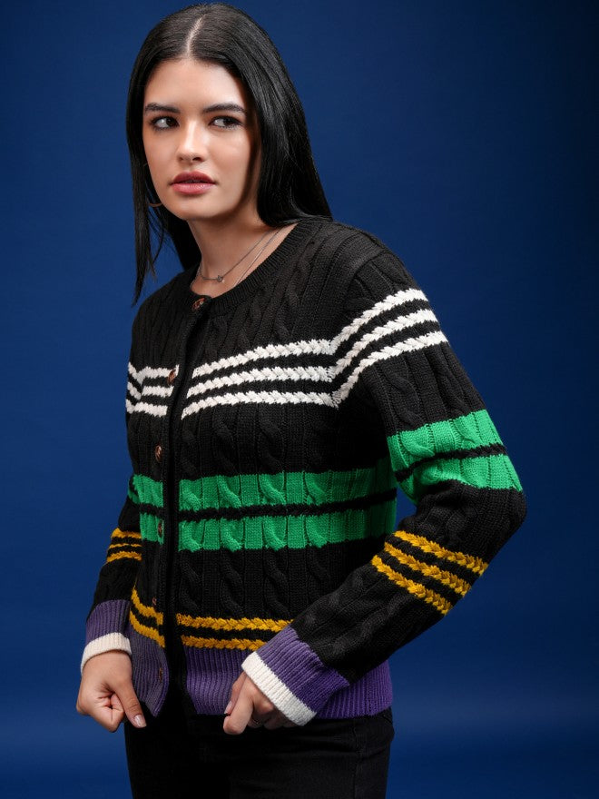 Tokyo Talkies Women Black Round Neck Sweater - Black - Image 4