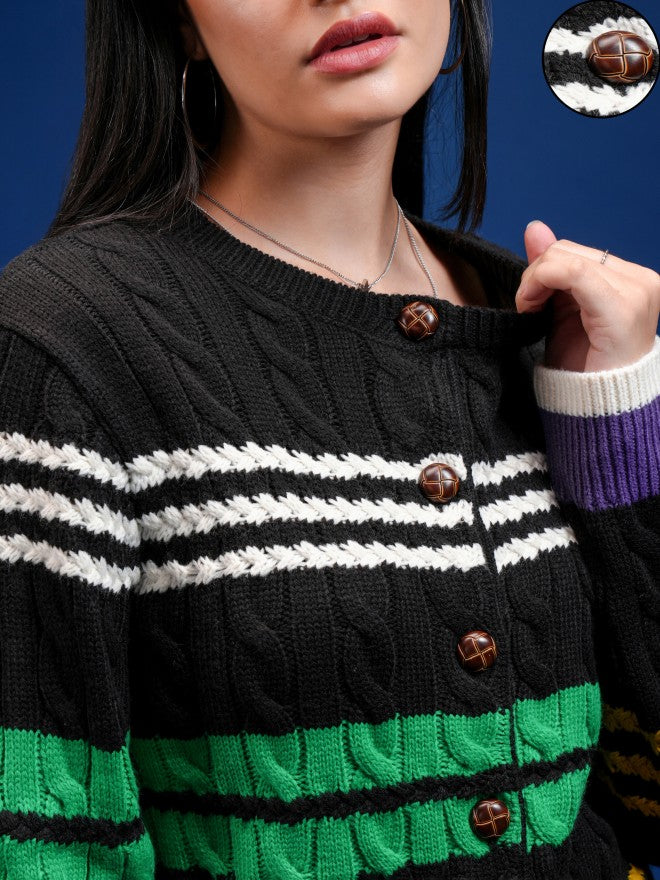 Tokyo Talkies Women Black Round Neck Sweater - Black - Image 5