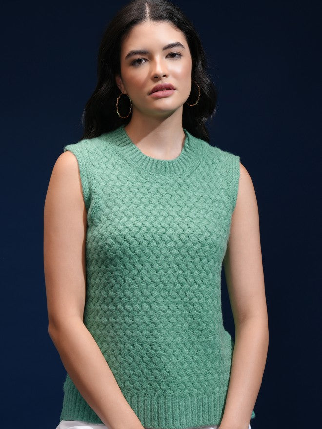 Tokyo Talkies Women Green Round Neck Sweater - Green - Image 1