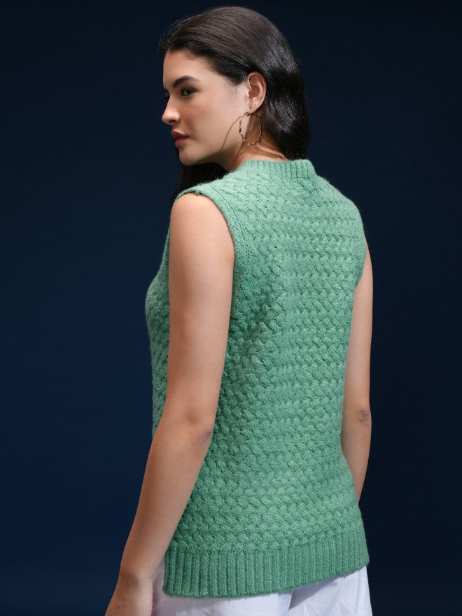 Tokyo Talkies Women Green Round Neck Sweater - Green - Image 3