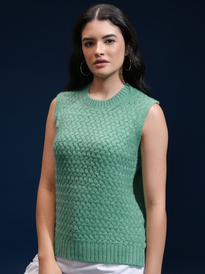 Tokyo Talkies Women Green Round Neck Sweater - Green - Image 4