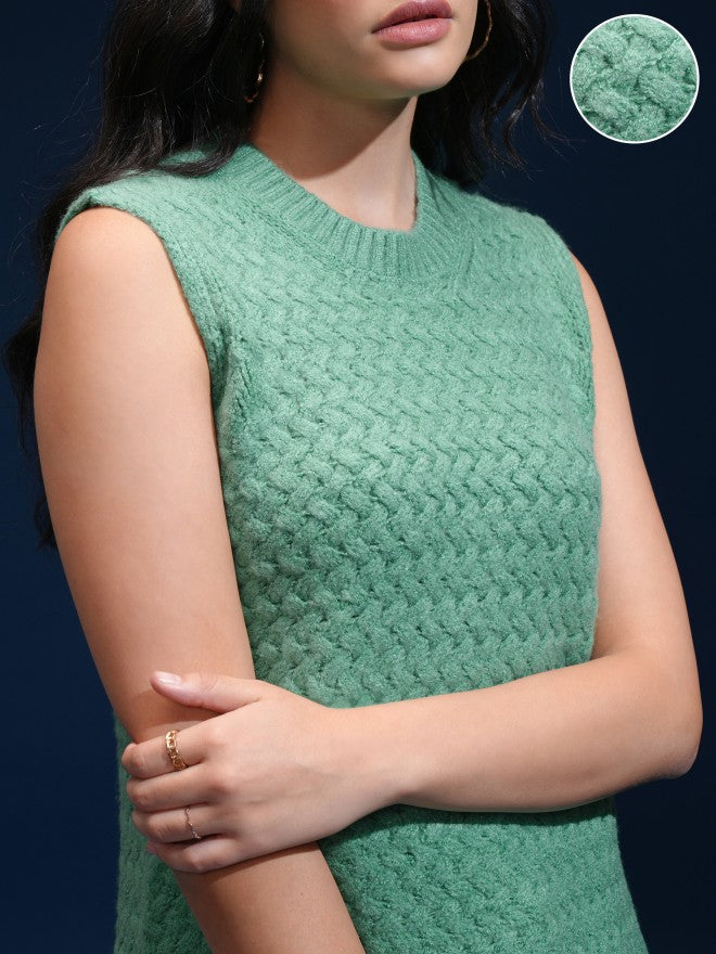 Tokyo Talkies Women Green Round Neck Sweater - Green - Image 5