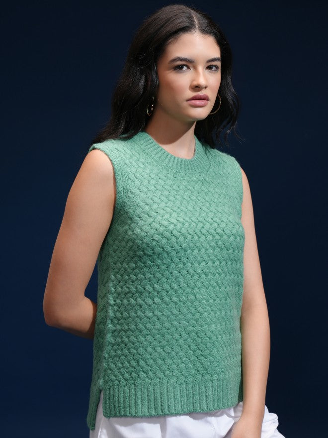 Tokyo Talkies Women Green Round Neck Sweater - Green - Image 6