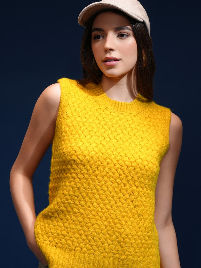 Tokyo Talkies Women Yellow Round Neck Sweater - Yellow - Image 1