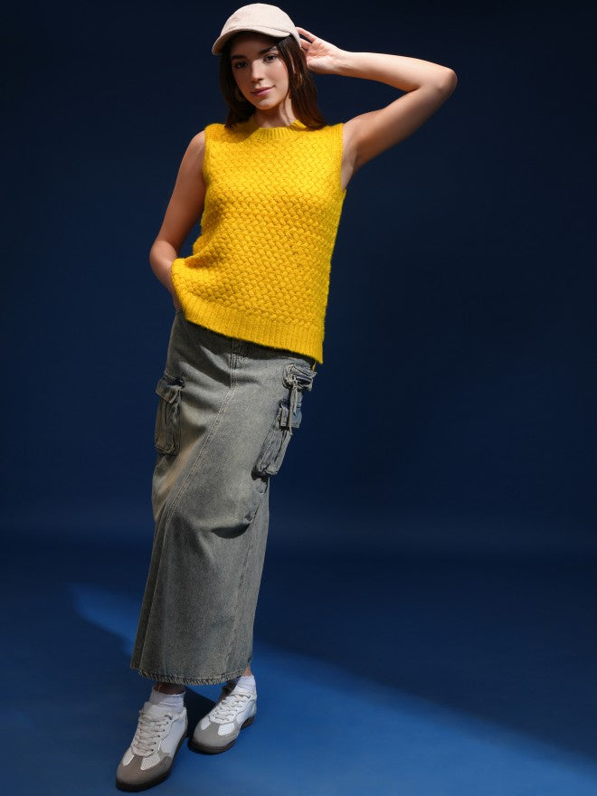 Tokyo Talkies Women Yellow Round Neck Sweater - Yellow - Image 2