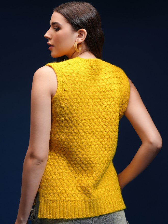 Tokyo Talkies Women Yellow Round Neck Sweater - Yellow - Image 3