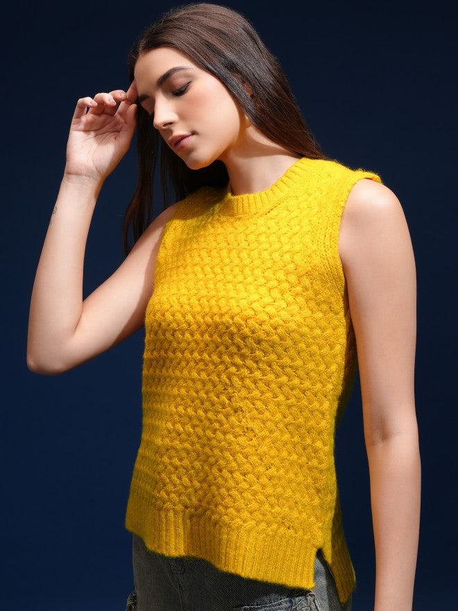 Tokyo Talkies Women Yellow Round Neck Sweater - Yellow - Image 4