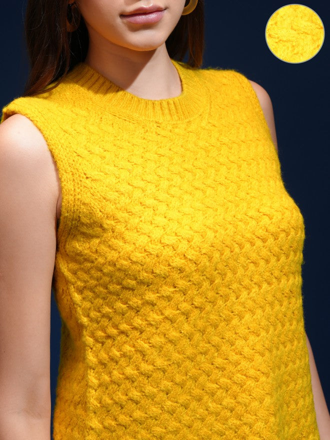 Tokyo Talkies Women Yellow Round Neck Sweater - Yellow - Image 5