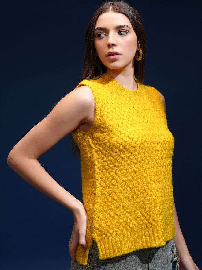 Tokyo Talkies Women Yellow Round Neck Sweater - Yellow - Image 6
