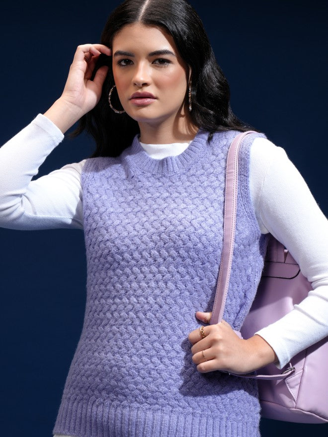 Tokyo Talkies Women Purple Round Neck Sweater - Purple - Image 1