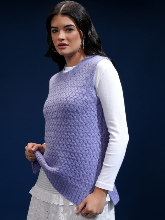 Tokyo Talkies Women Purple Round Neck Sweater - Purple - Image 4