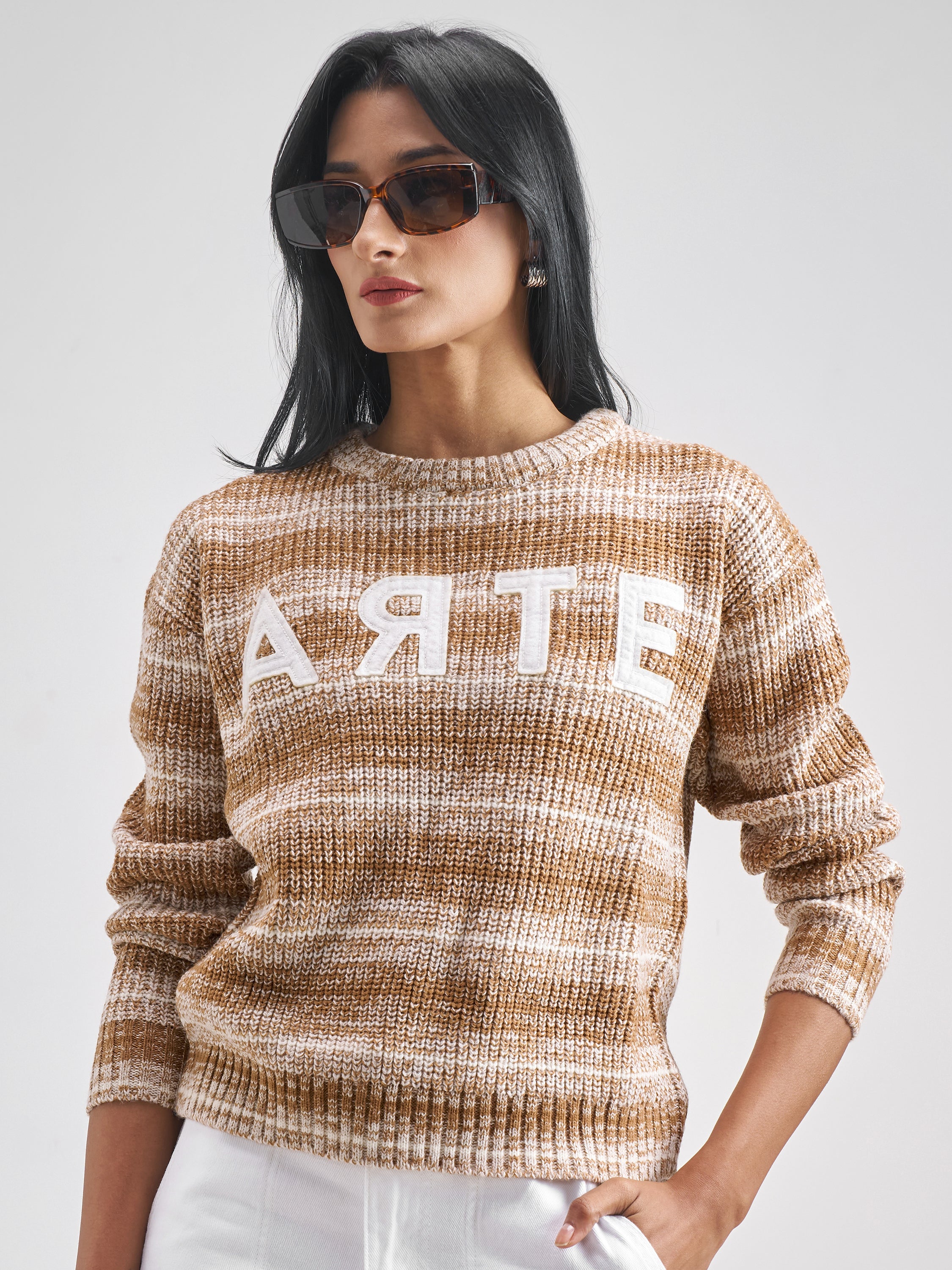 Tokyo Talkies Women Brown Round Neck Sweater - Brown - Image 1
