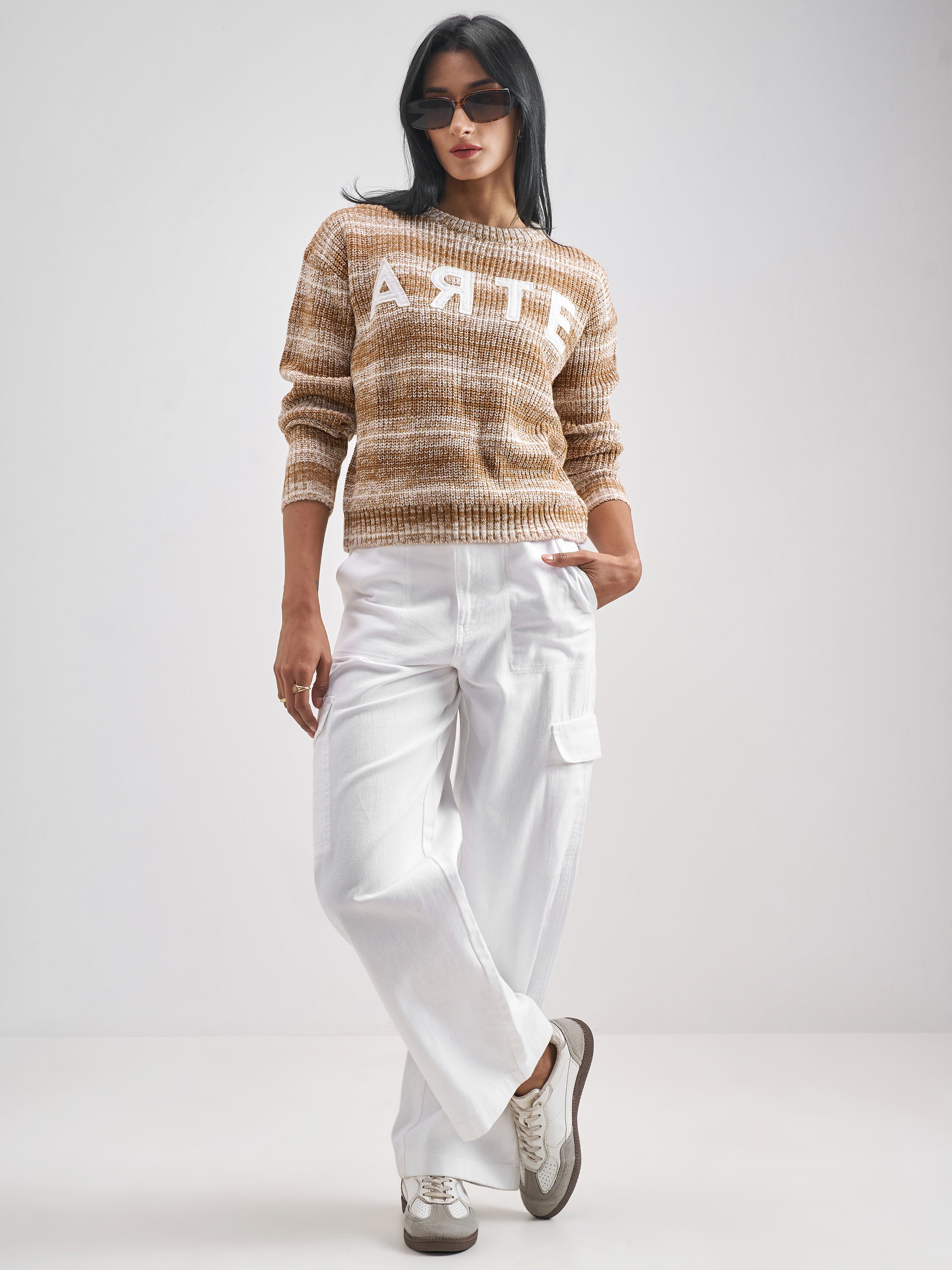 Tokyo Talkies Women Brown Round Neck Sweater - Brown - Image 2