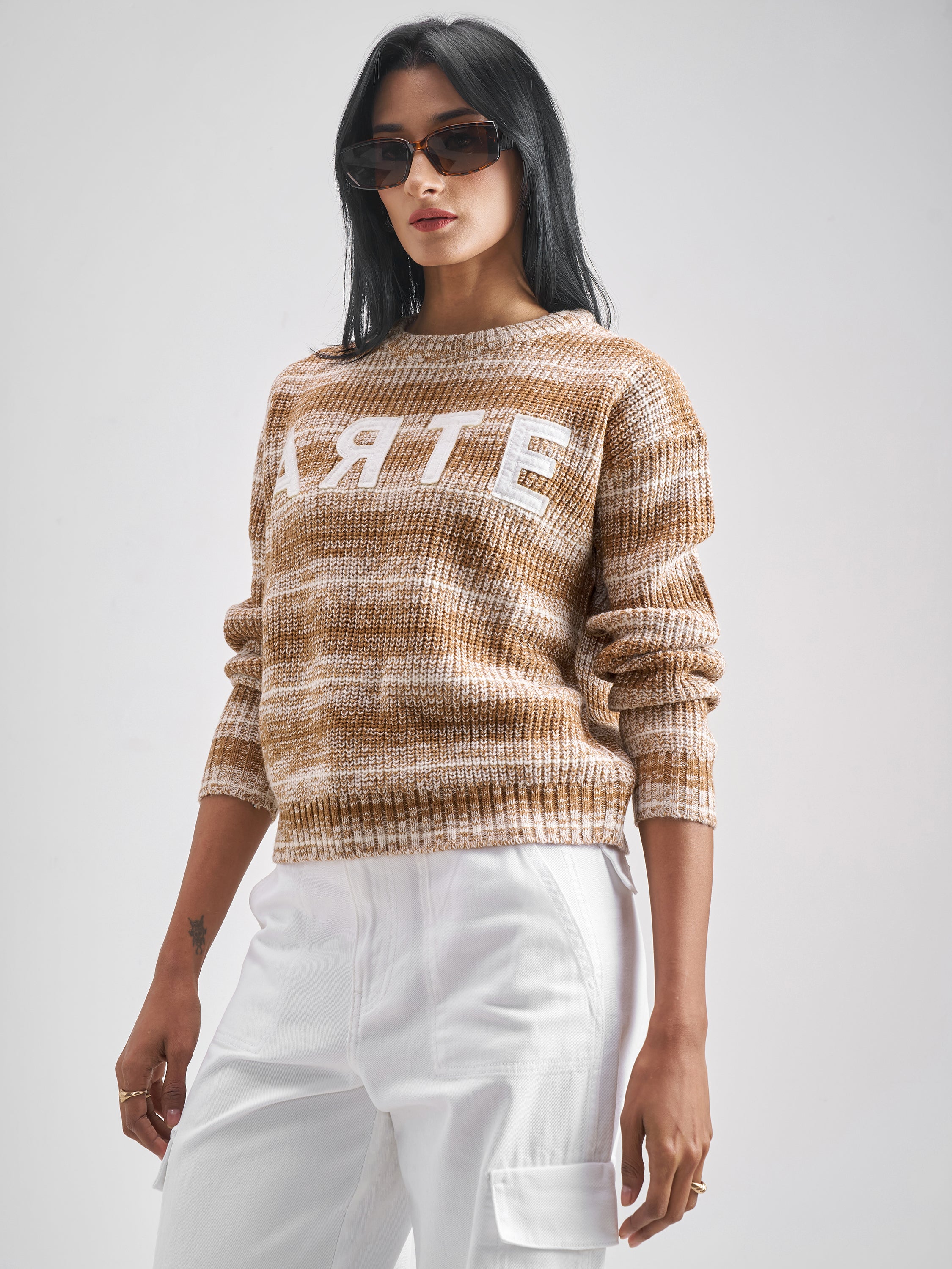 Tokyo Talkies Women Brown Round Neck Sweater - Brown - Image 4