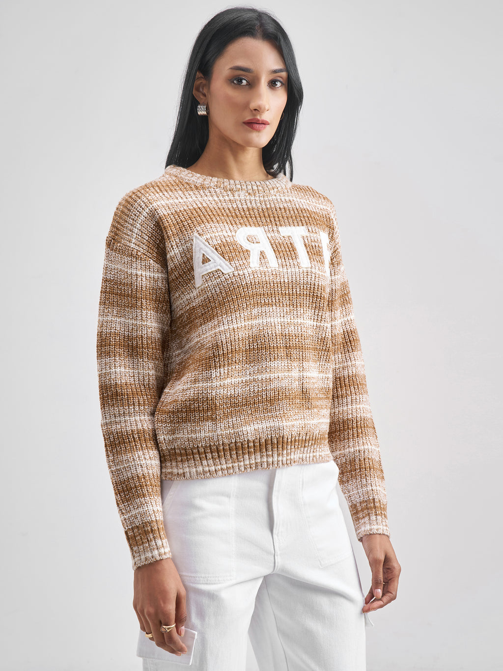 Tokyo Talkies Women Brown Round Neck Sweater - Brown - Image 6