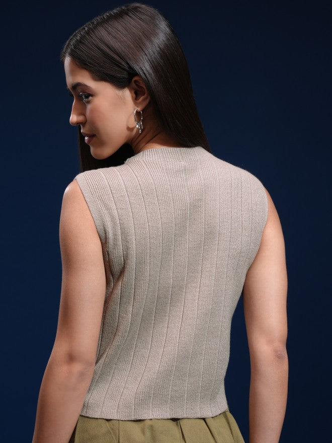 Tokyo Talkies Women Beige Mock Collar Sweater - Beige - Image 3