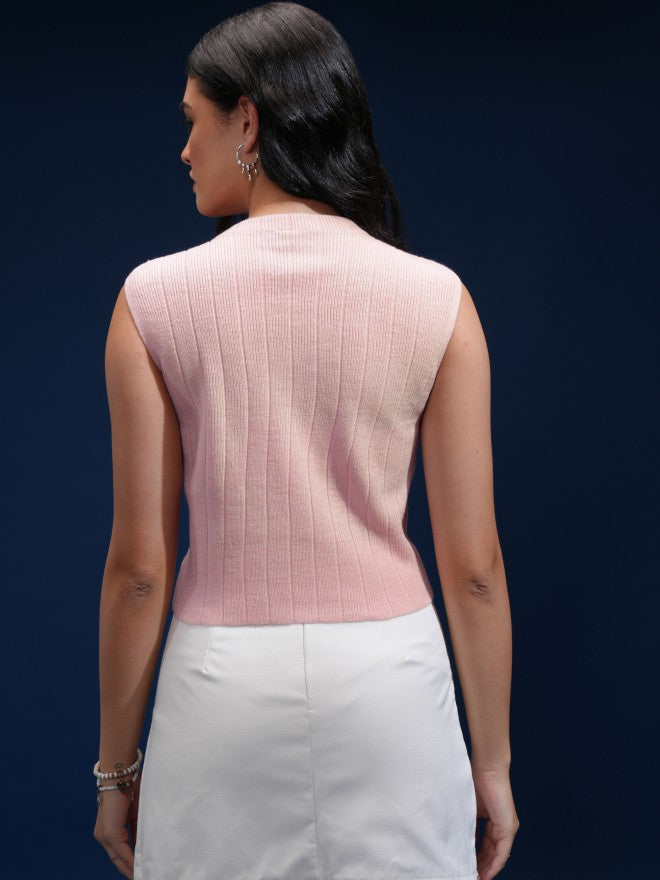 Tokyo Talkies Women Pink Mock Collar Sweater - Pink - Image 3