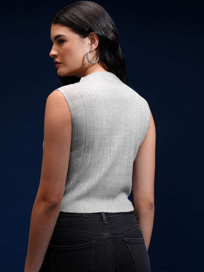 Tokyo Talkies Women Grey Mock Collar Sweater - Grey - Image 3