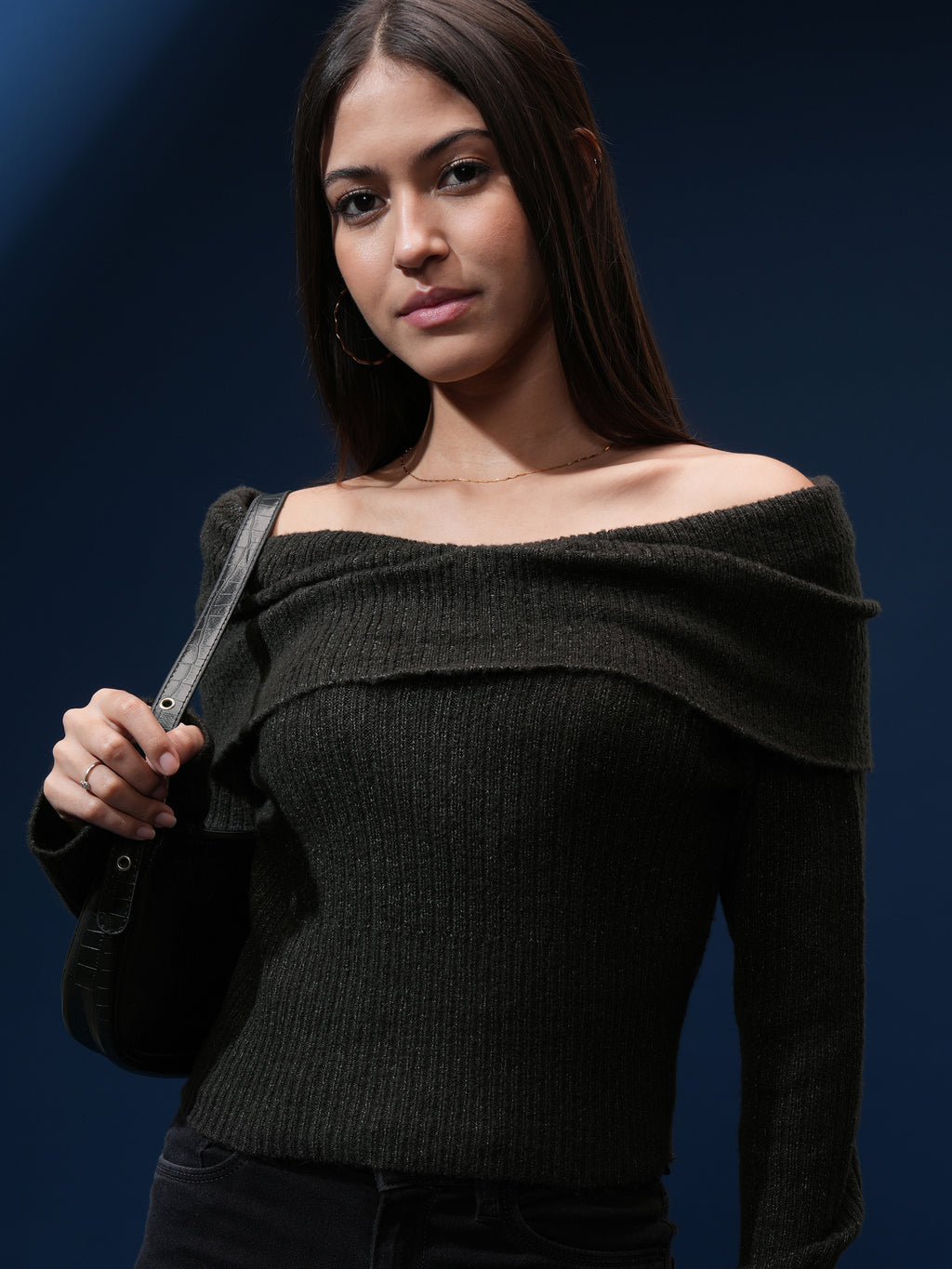 Tokyo Talkies Women Black Off-Shoulder Sweater - Black - Image 1