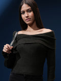 Tokyo Talkies Women Black Off-Shoulder Sweater - Black - Image 1