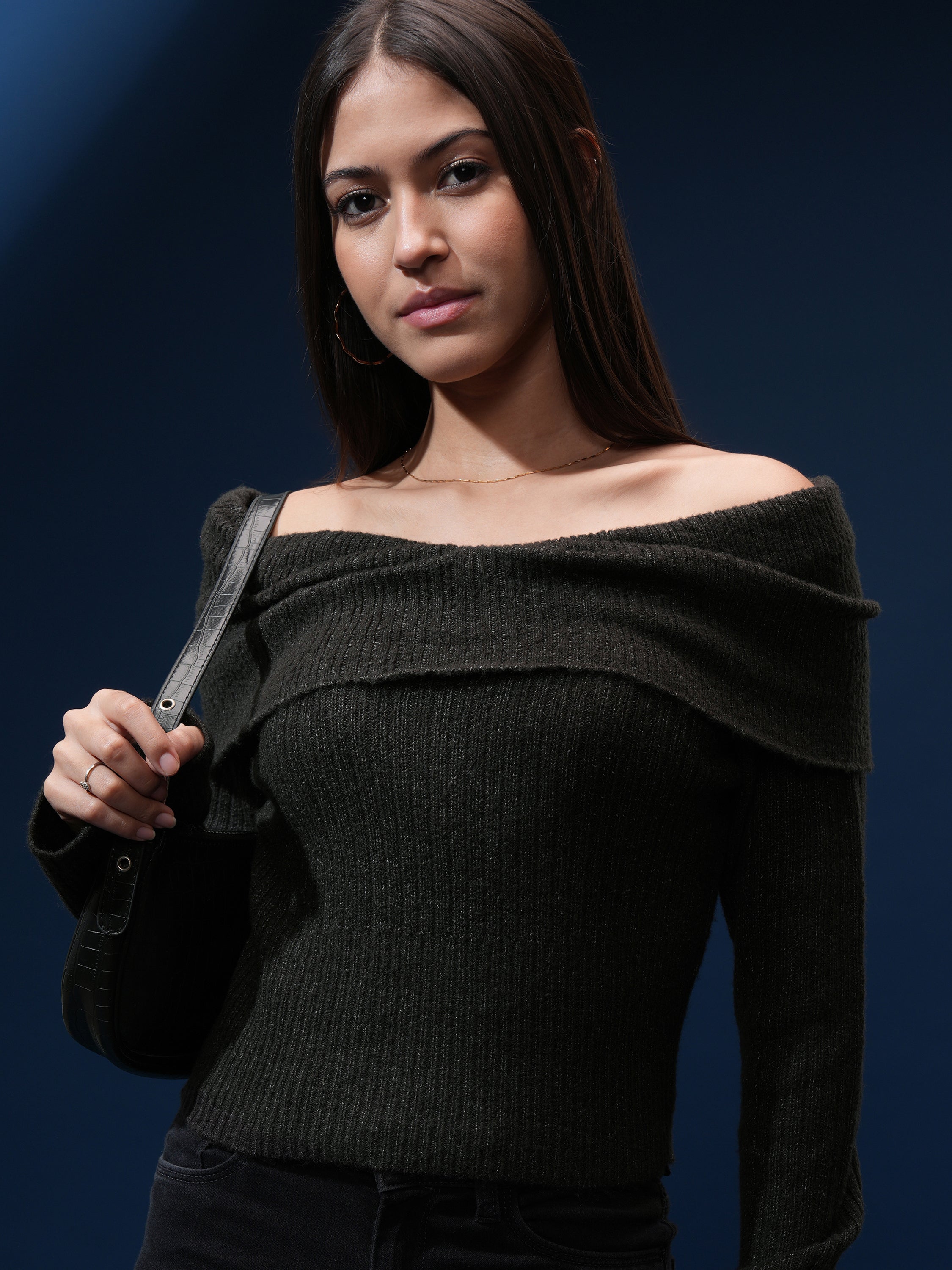 Tokyo Talkies Women Black Off-Shoulder Sweater - Black - Image 1