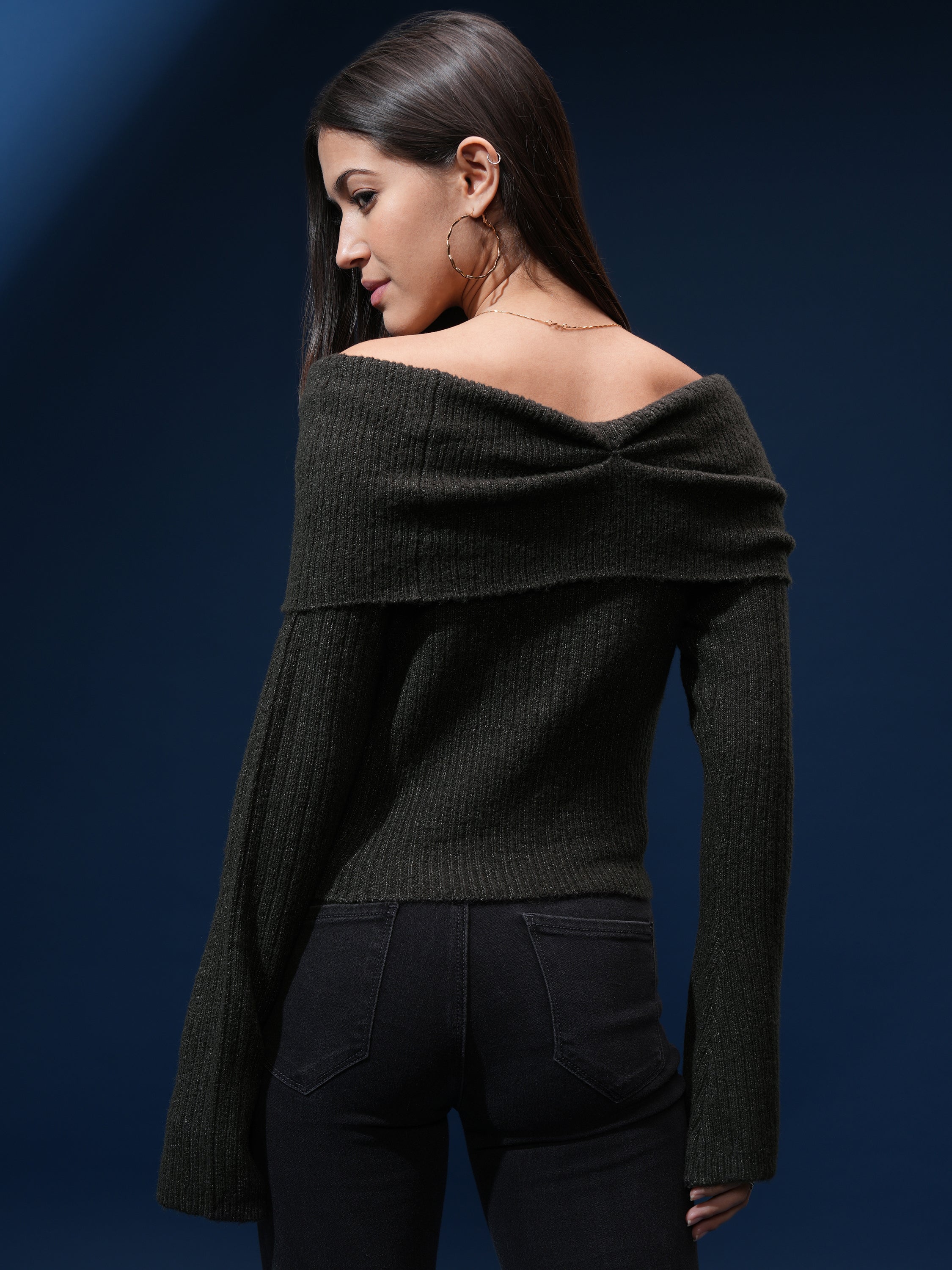 Tokyo Talkies Women Black Off-Shoulder Sweater - Black - Image 3