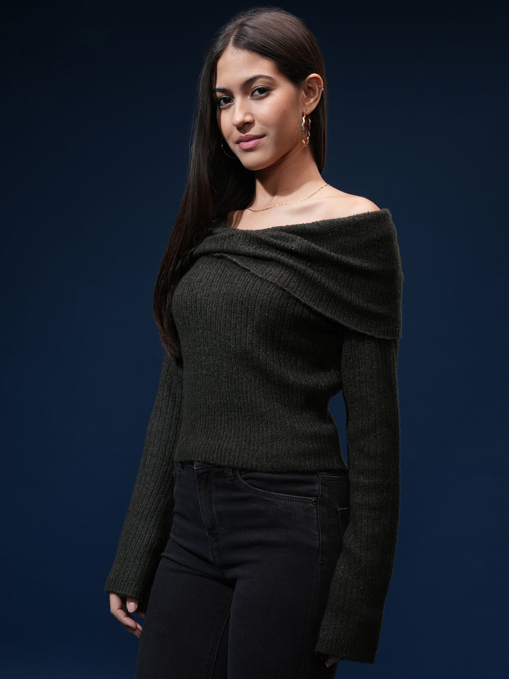 Tokyo Talkies Women Black Off-Shoulder Sweater - Black - Image 4