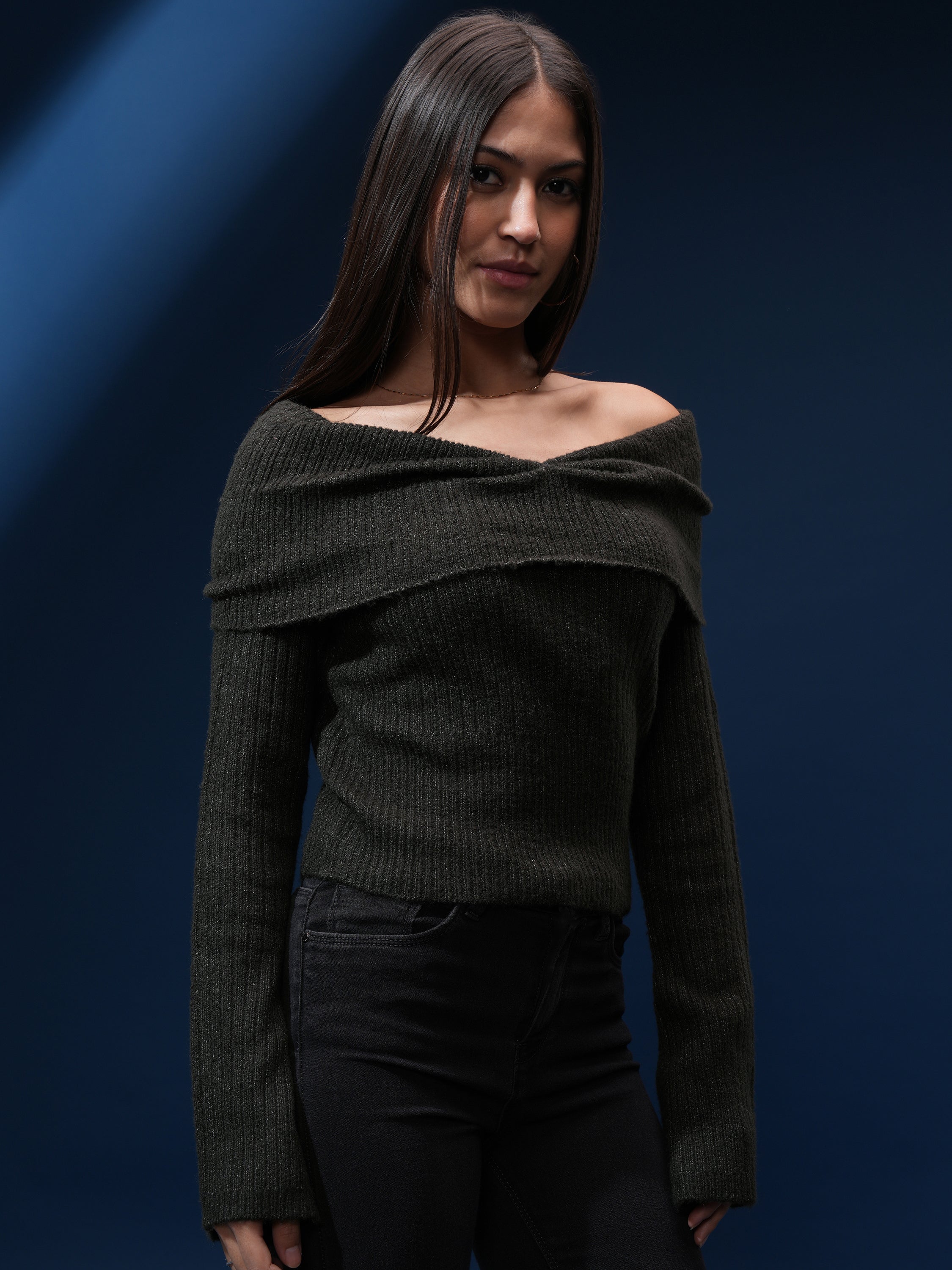 Tokyo Talkies Women Black Off-Shoulder Sweater - Black - Image 6