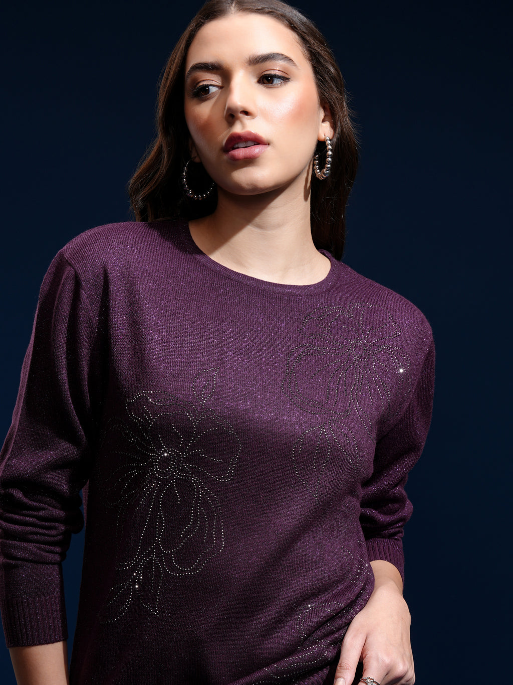 Tokyo Talkies Women Purple Round Neck Sweater - Purple - Image 1