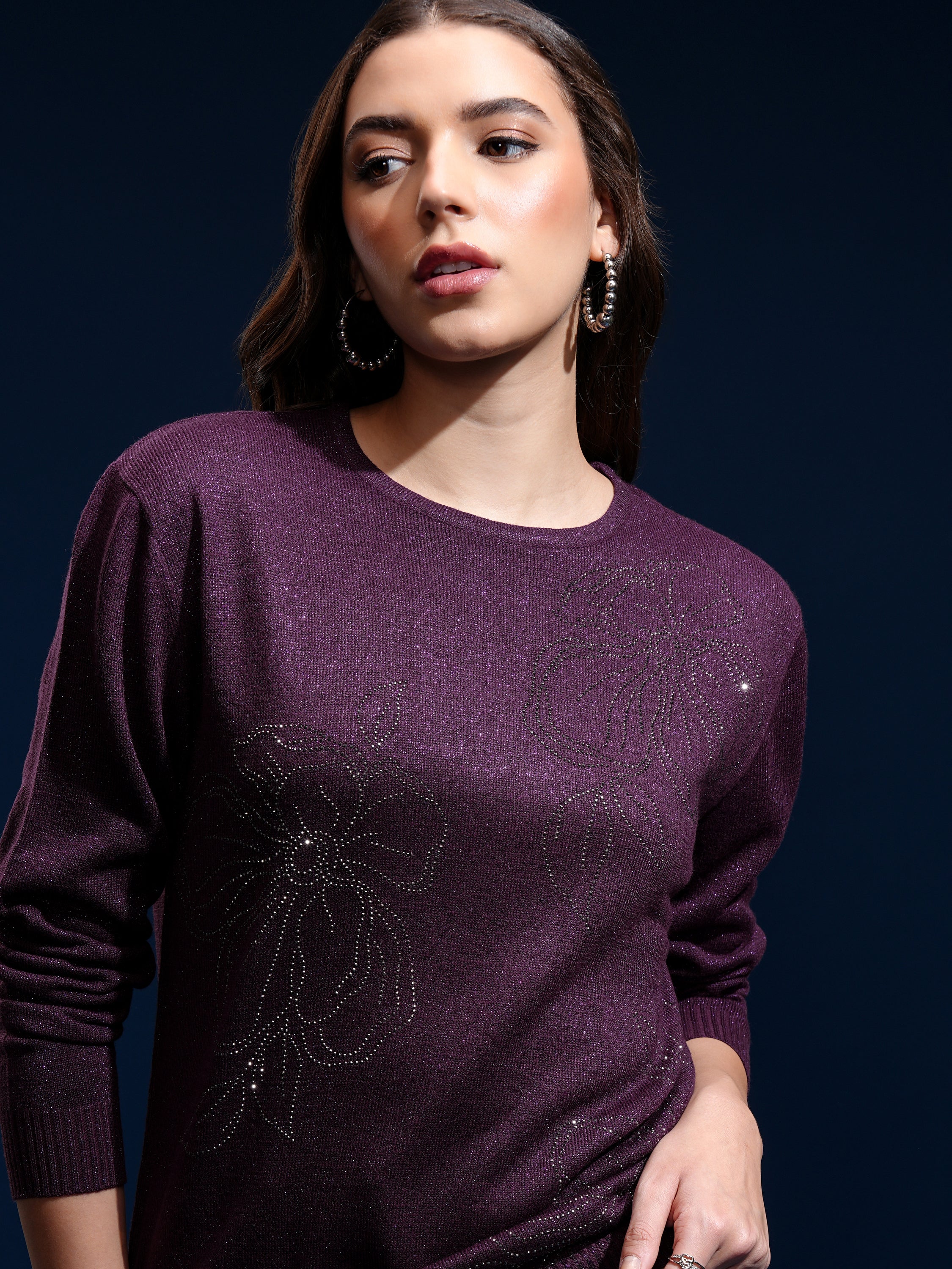 Tokyo Talkies Women Purple Round Neck Sweater - Purple - Image 1