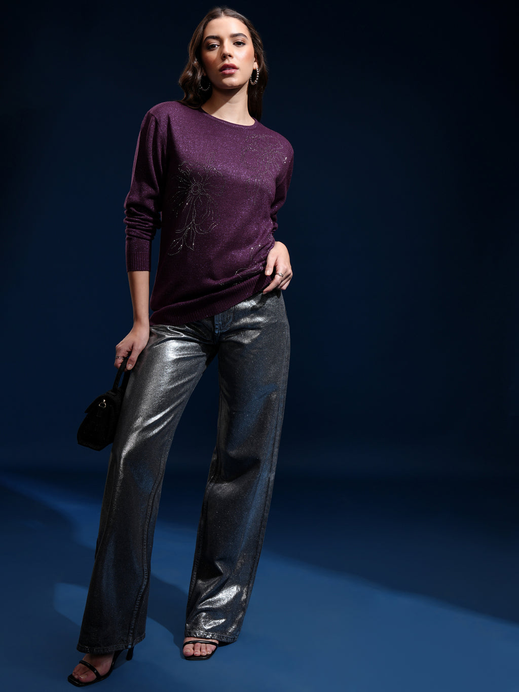 Tokyo Talkies Women Purple Round Neck Sweater - Purple - Image 2