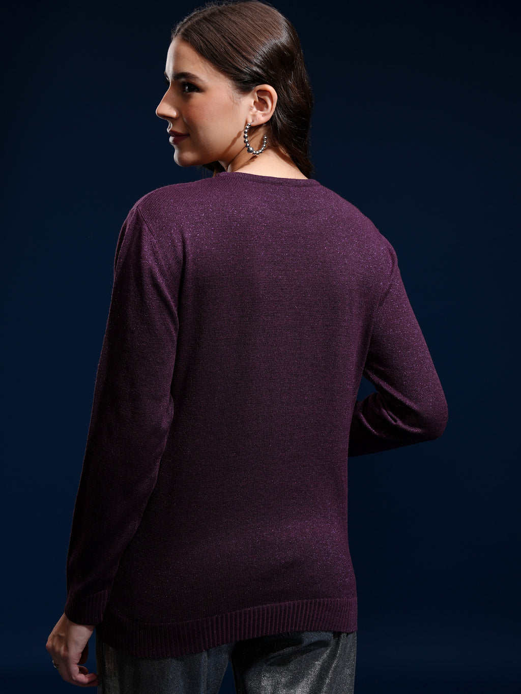 Tokyo Talkies Women Purple Round Neck Sweater - Purple - Image 3
