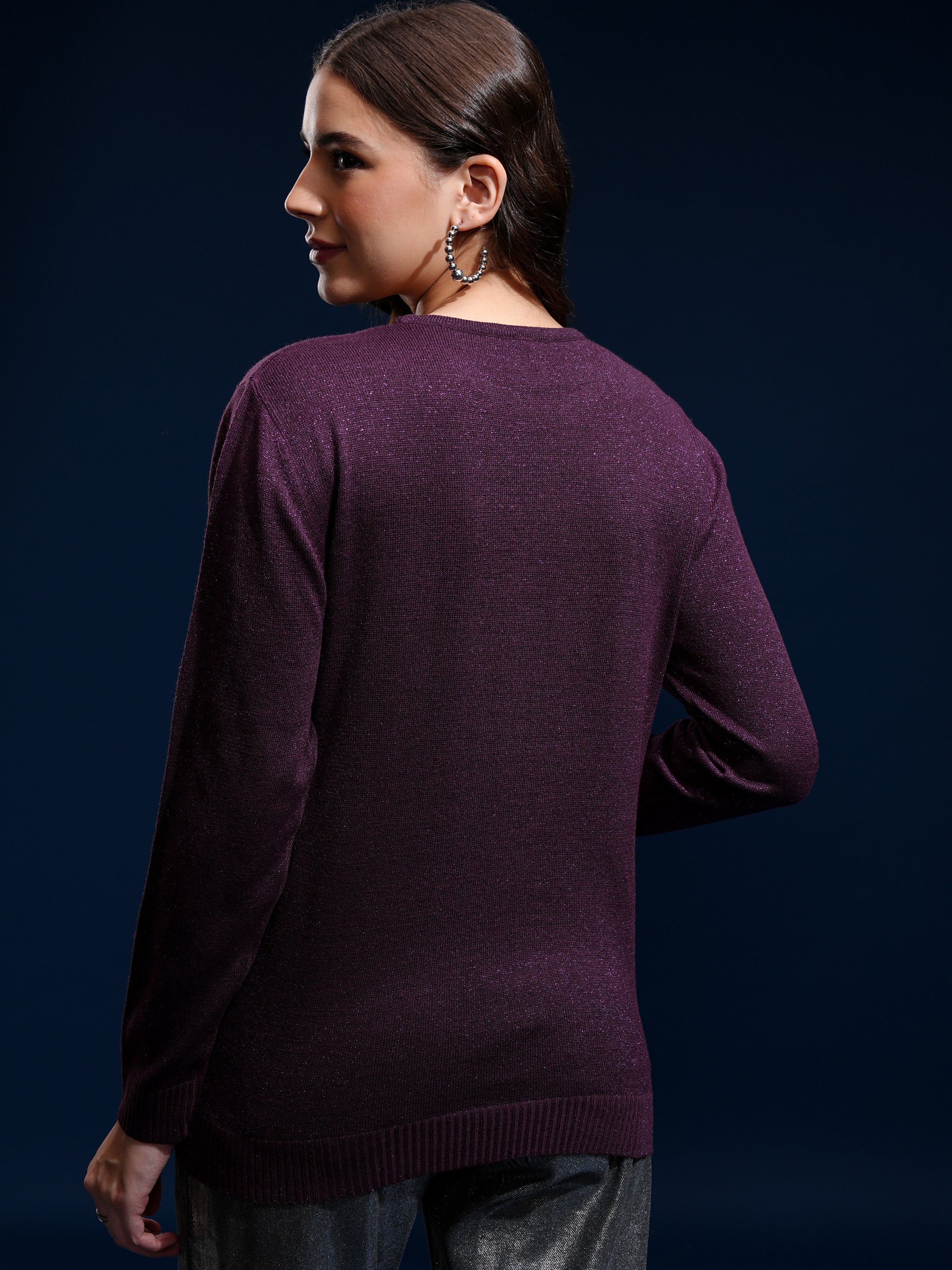 Tokyo Talkies Women Purple Round Neck Sweater - Purple - Image 3
