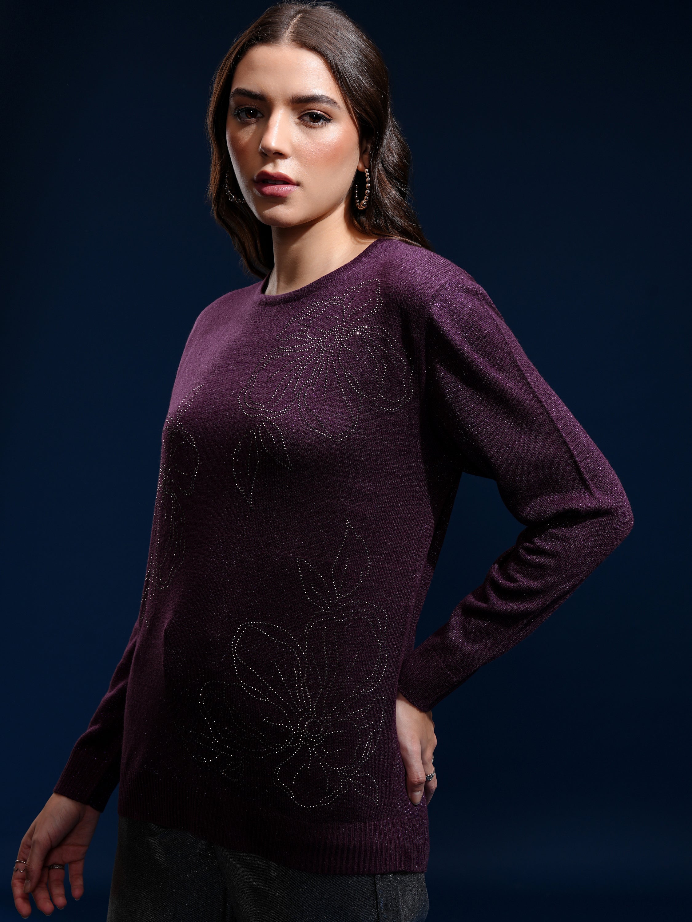 Tokyo Talkies Women Purple Round Neck Sweater - Purple - Image 4