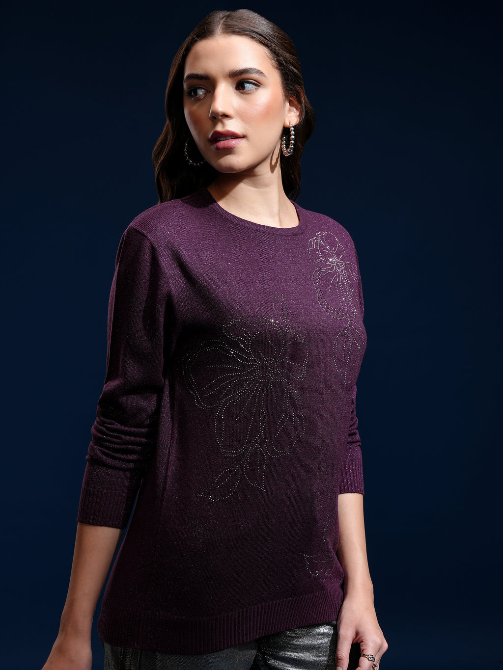 Tokyo Talkies Women Purple Round Neck Sweater - Purple - Image 6