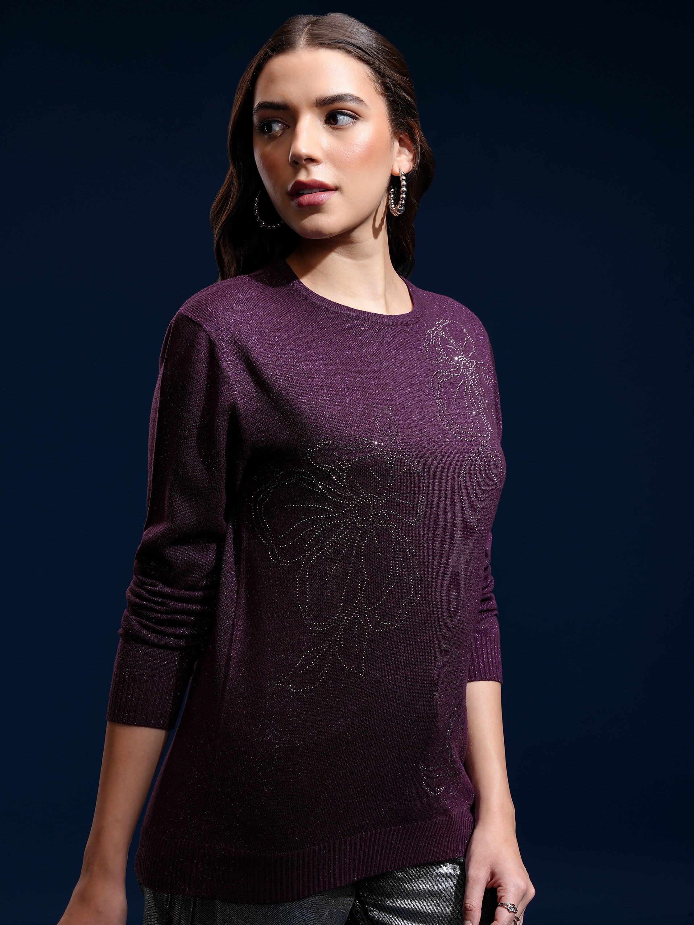 Tokyo Talkies Women Purple Round Neck Sweater - Purple - Image 6