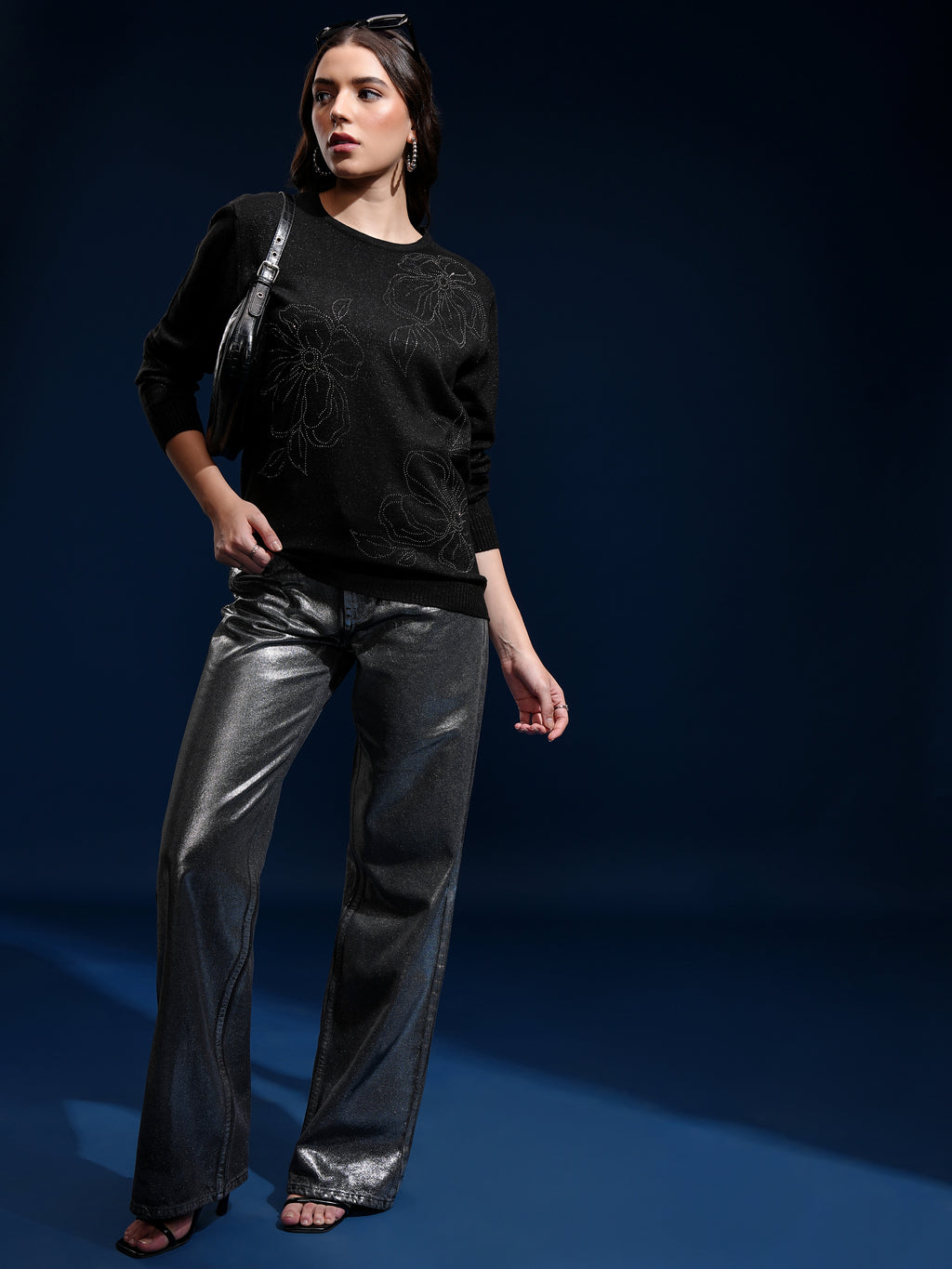 Tokyo Talkies Women Black Round Neck Sweater - Black - Image 2