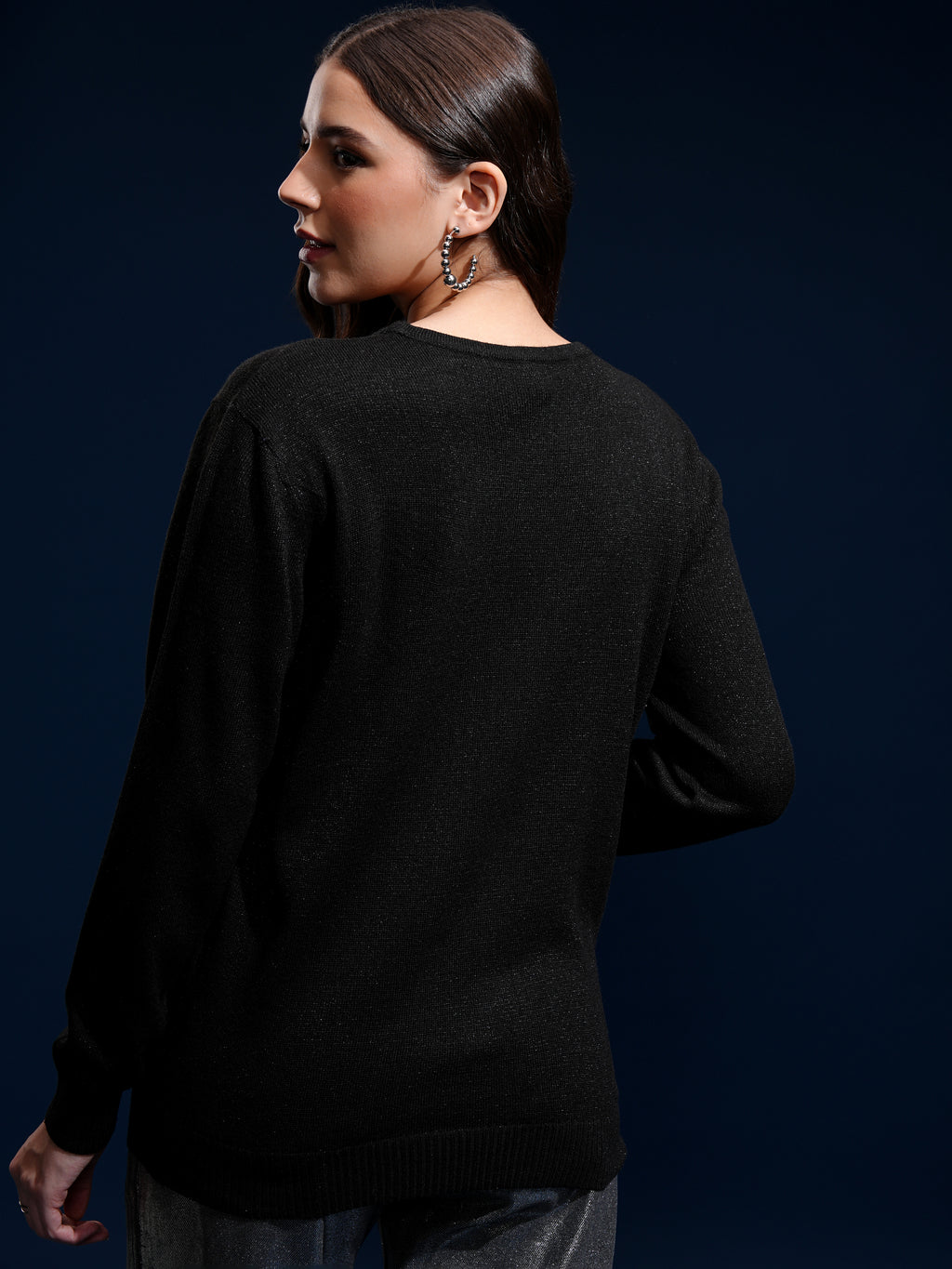 Tokyo Talkies Women Black Round Neck Sweater - Black - Image 3