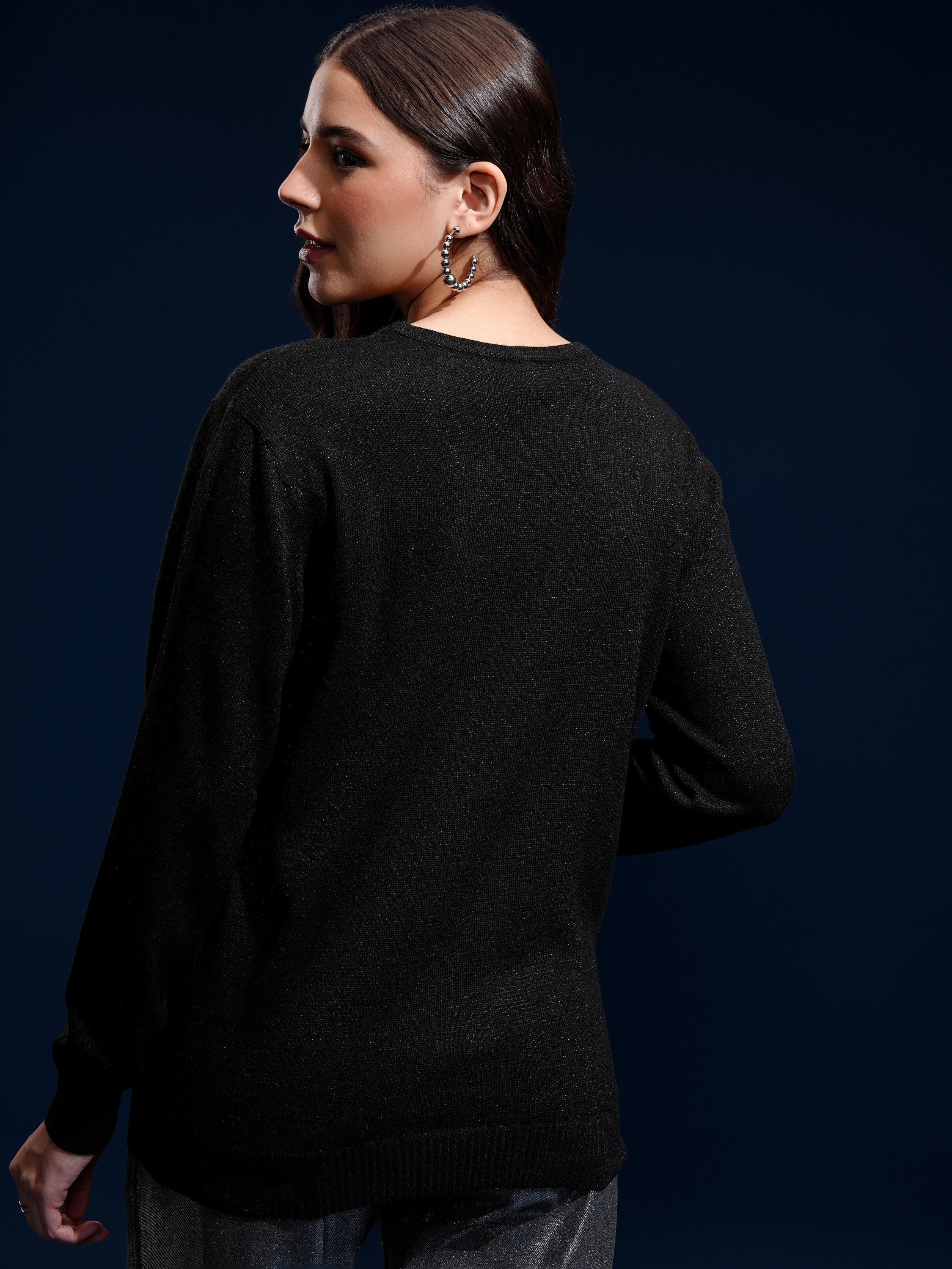 Tokyo Talkies Women Black Round Neck Sweater - Black - Image 3