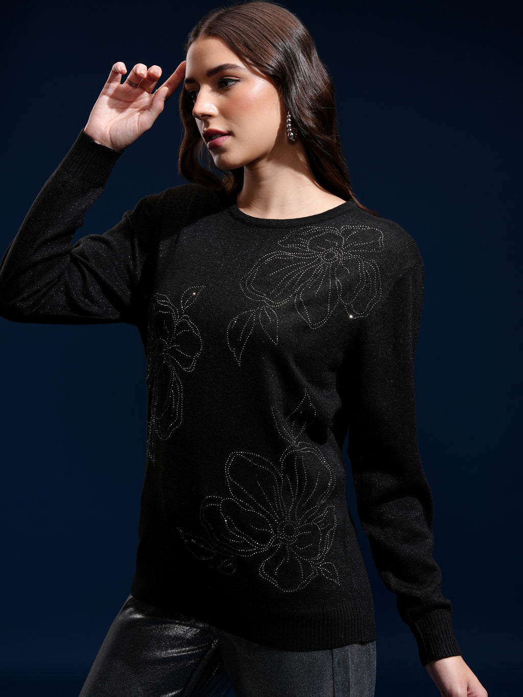 Tokyo Talkies Women Black Round Neck Sweater - Black - Image 4