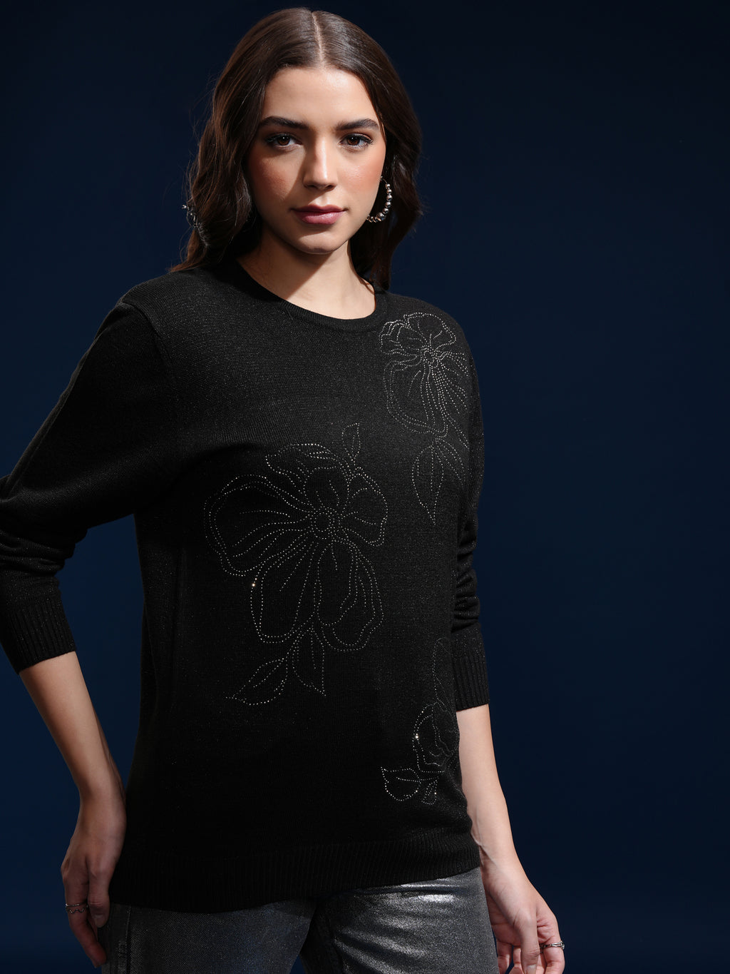 Tokyo Talkies Women Black Round Neck Sweater - Black - Image 6