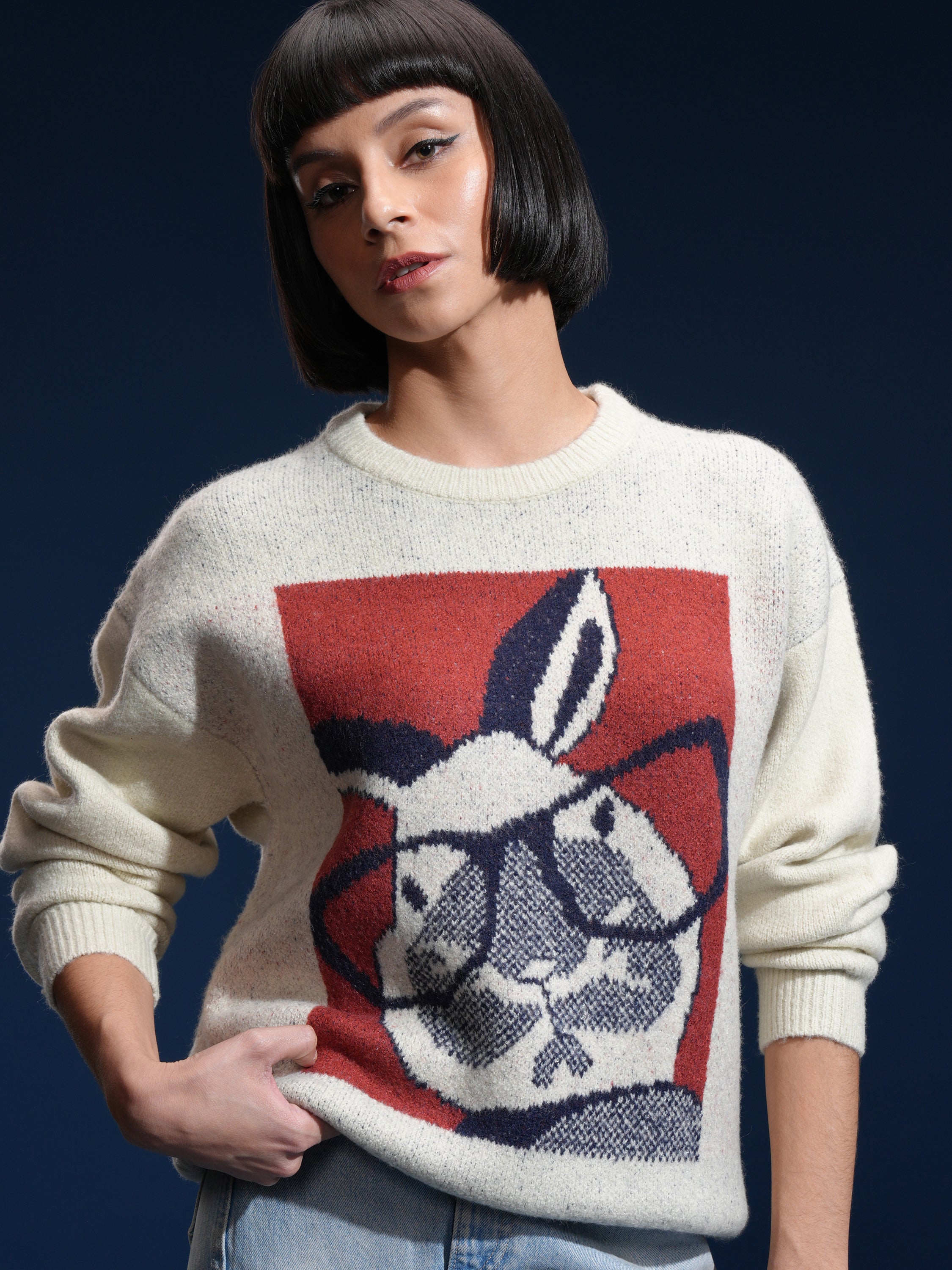 Tokyo Talkies Women White Round Neck Sweater - White - Image 1