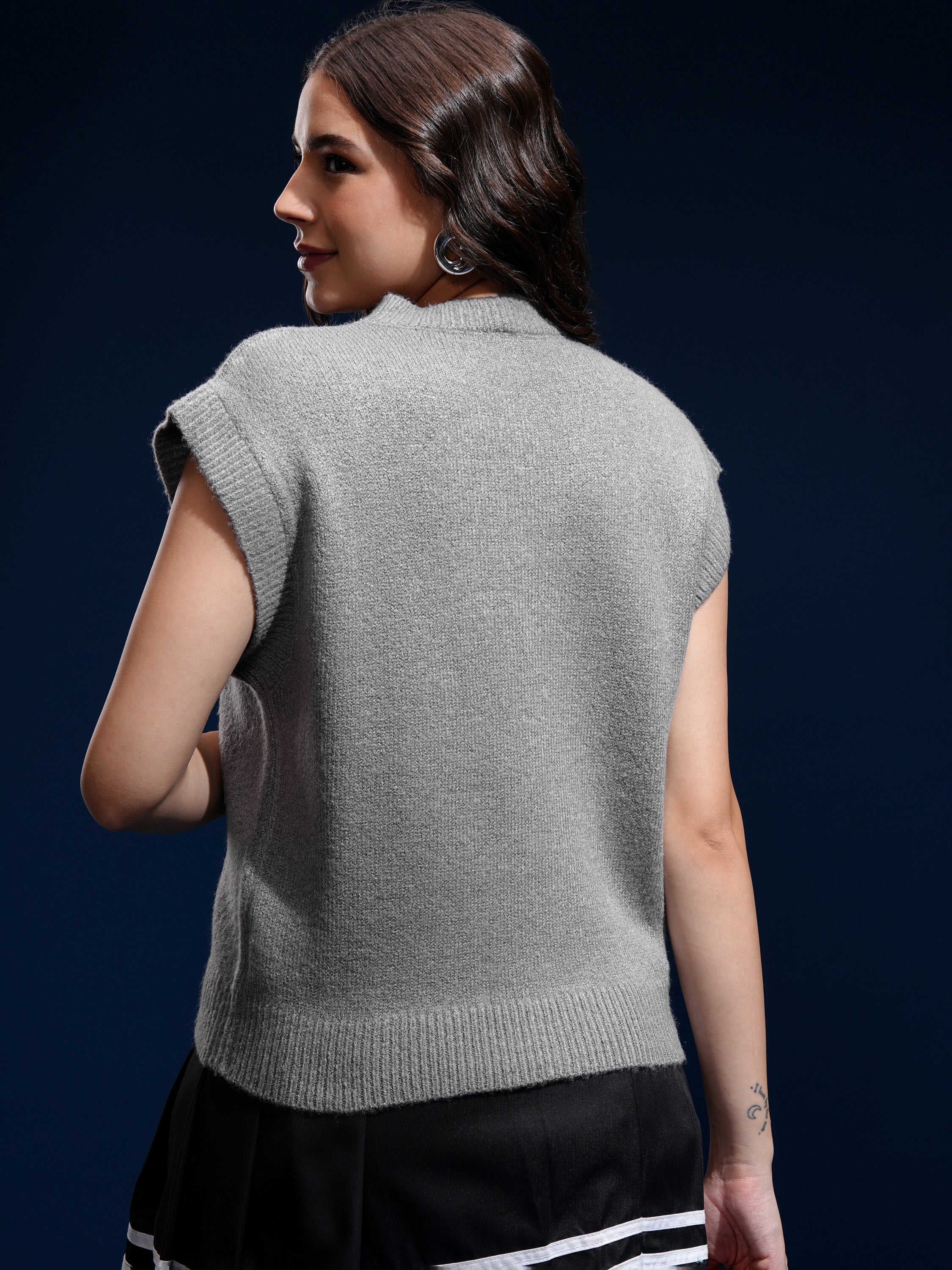 Tokyo Talkies Women Grey Melange Round Neck Sweater - Grey Melange - Image 3