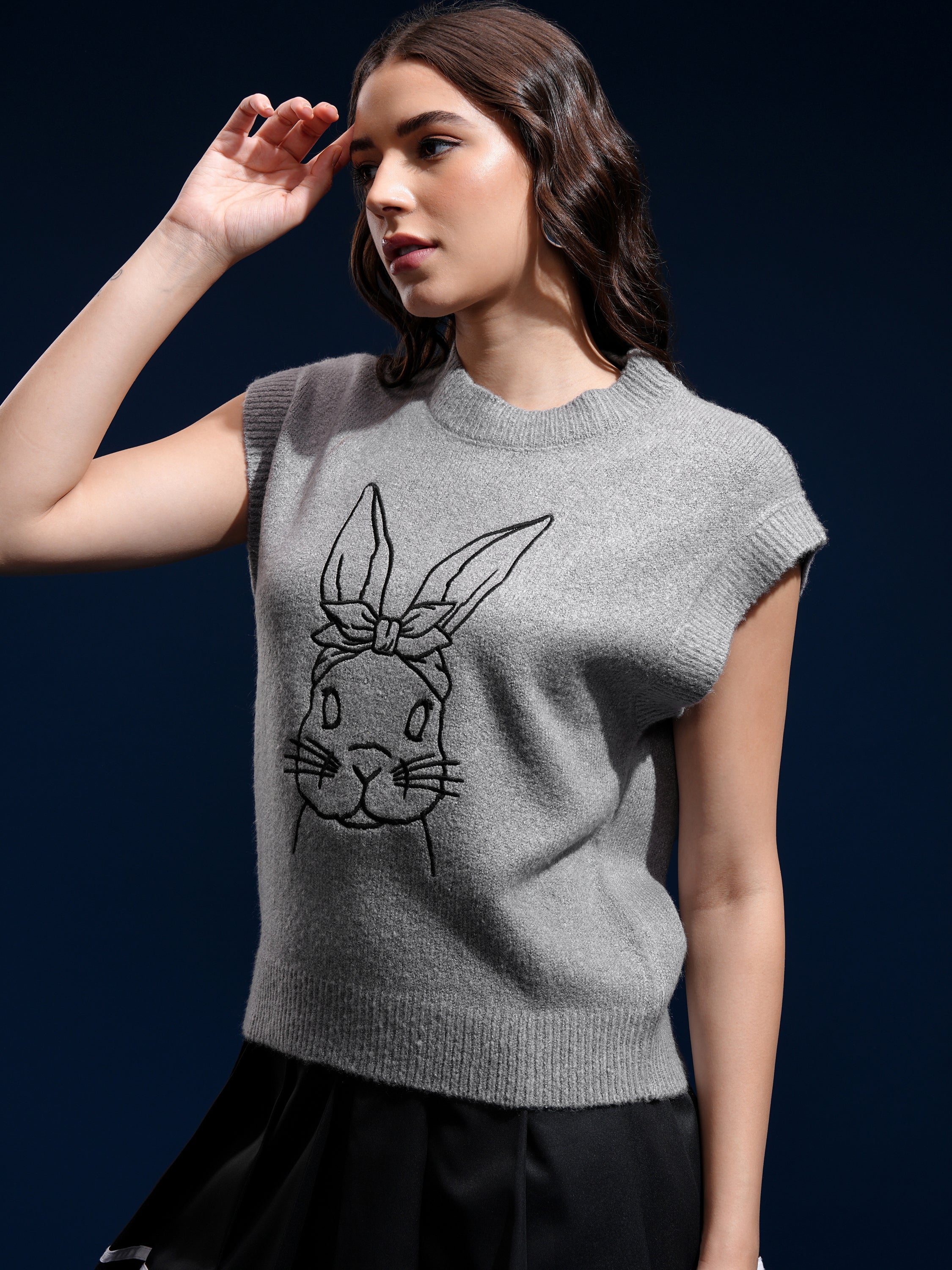 Tokyo Talkies Women Grey Melange Round Neck Sweater - Grey Melange - Image 4