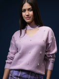 Tokyo Talkies Women Pink V-Neck Sweater - Pink - Image 1