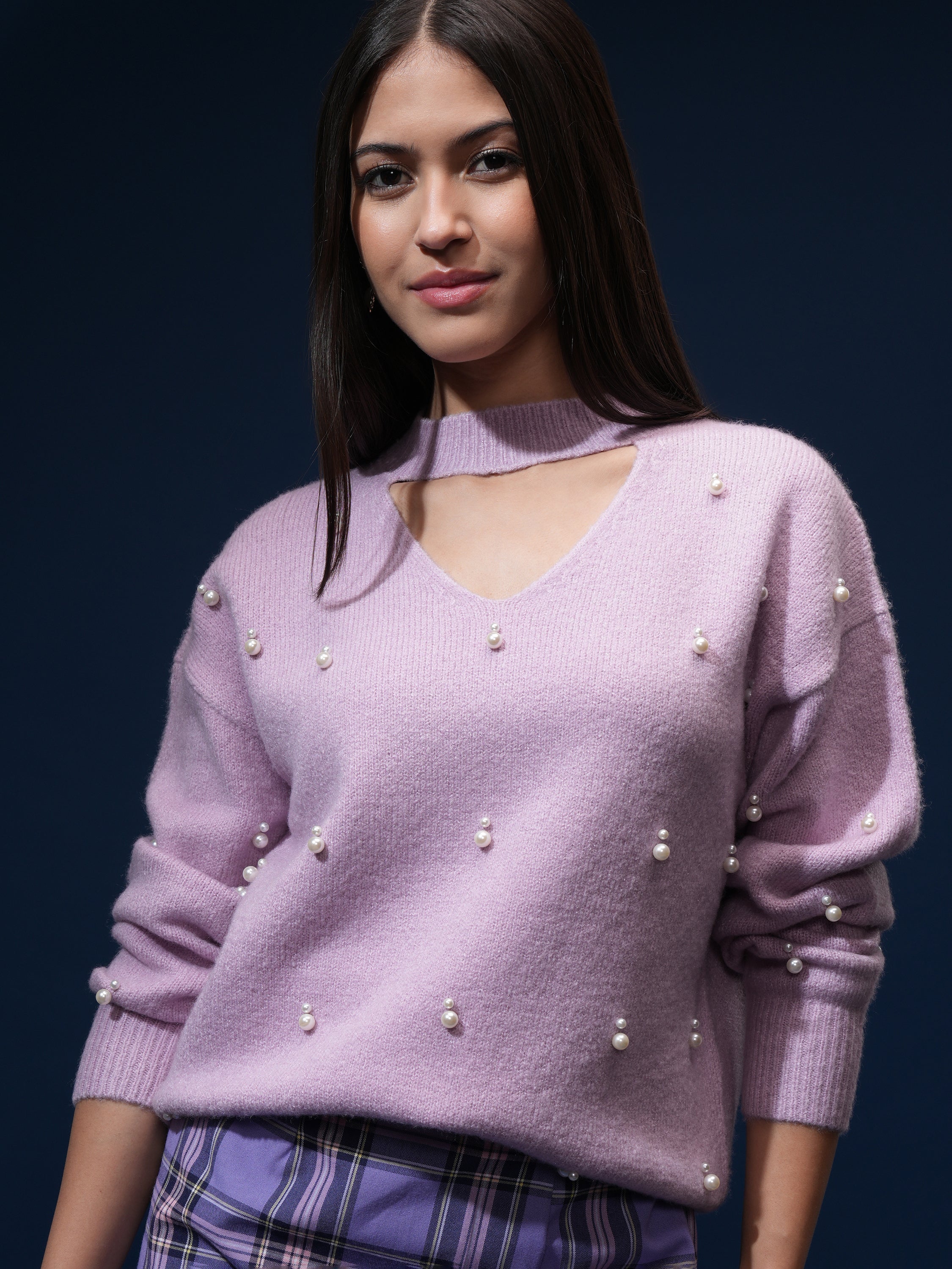Tokyo Talkies Women Pink V-Neck Sweater - Pink - Image 1