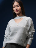 Tokyo Talkies Women Grey V-Neck Sweater - Grey - Image 1